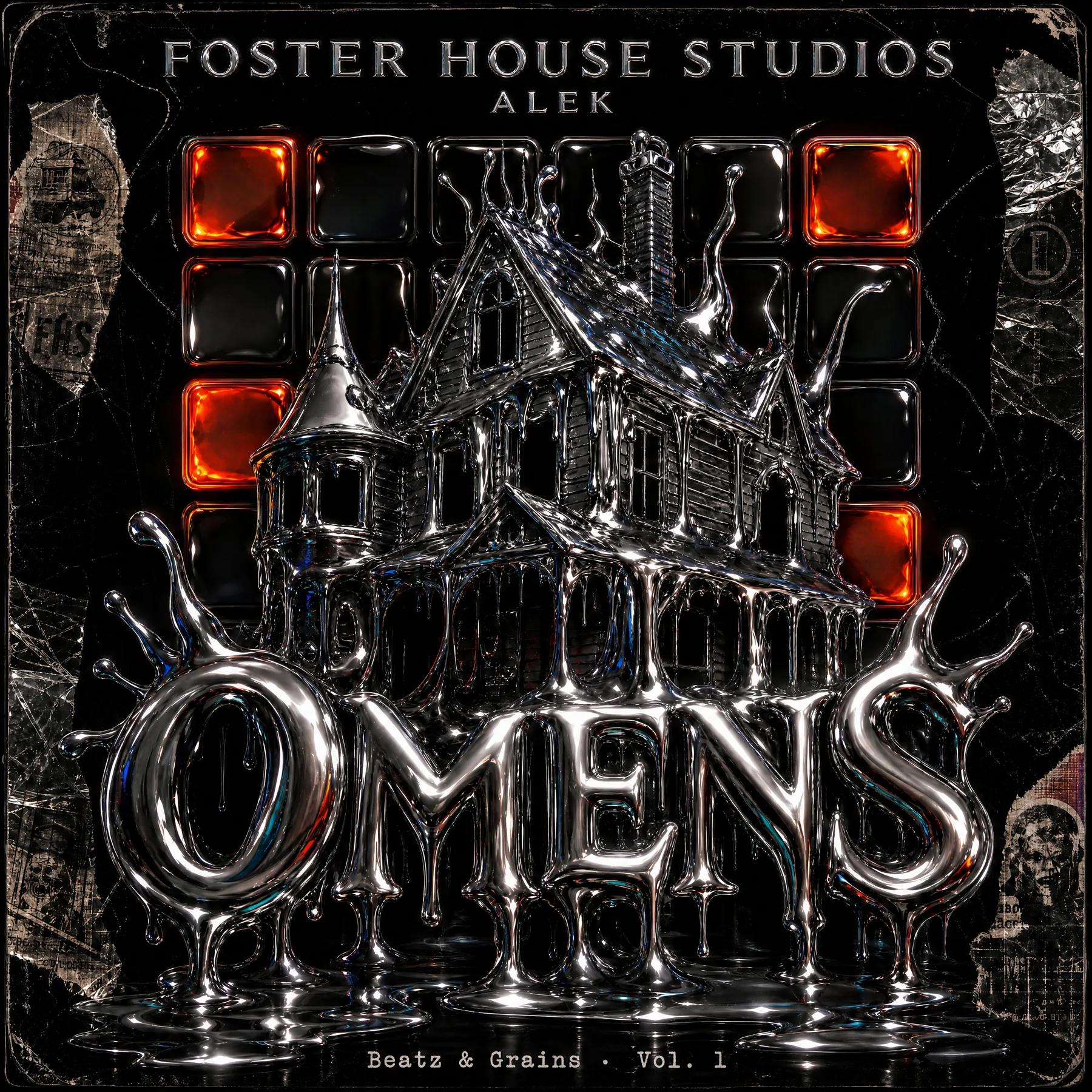Cover art — OMENS · Beatz & Grains Vol. 1 — chrome liquid-metal lettering over an MPC pad grid