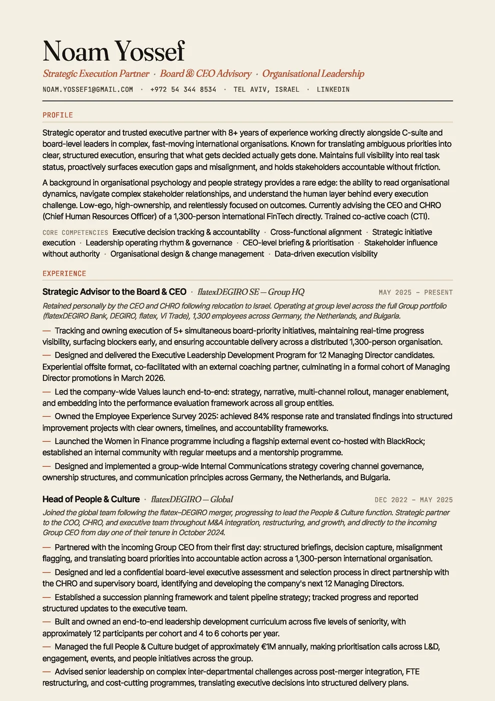 Noam Yossef — CV — Fraunces display, clay accent, ATS-clean and print-perfect