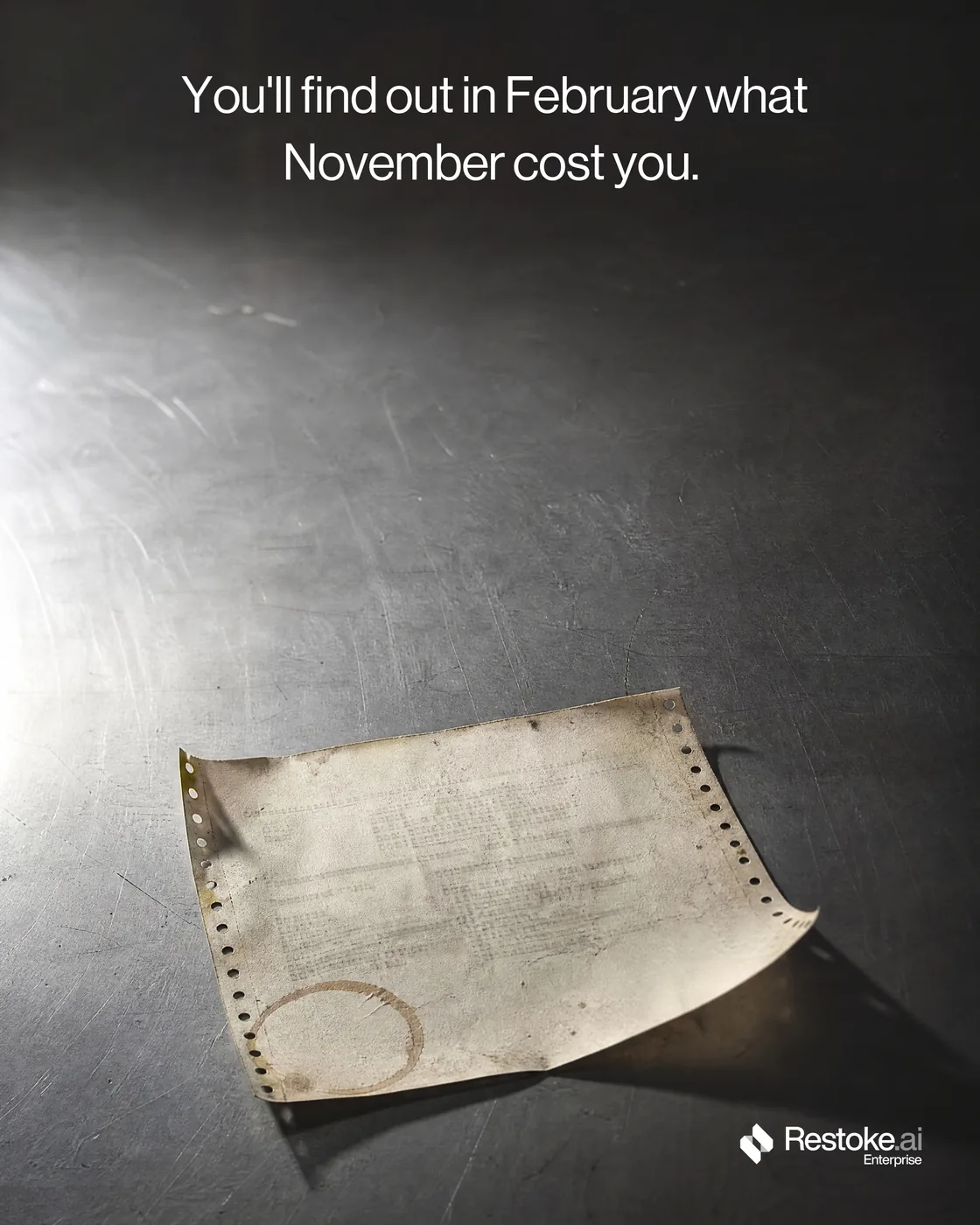 Restoke · Brief 01 — Spec ad — You'll find out in February what November cost you.