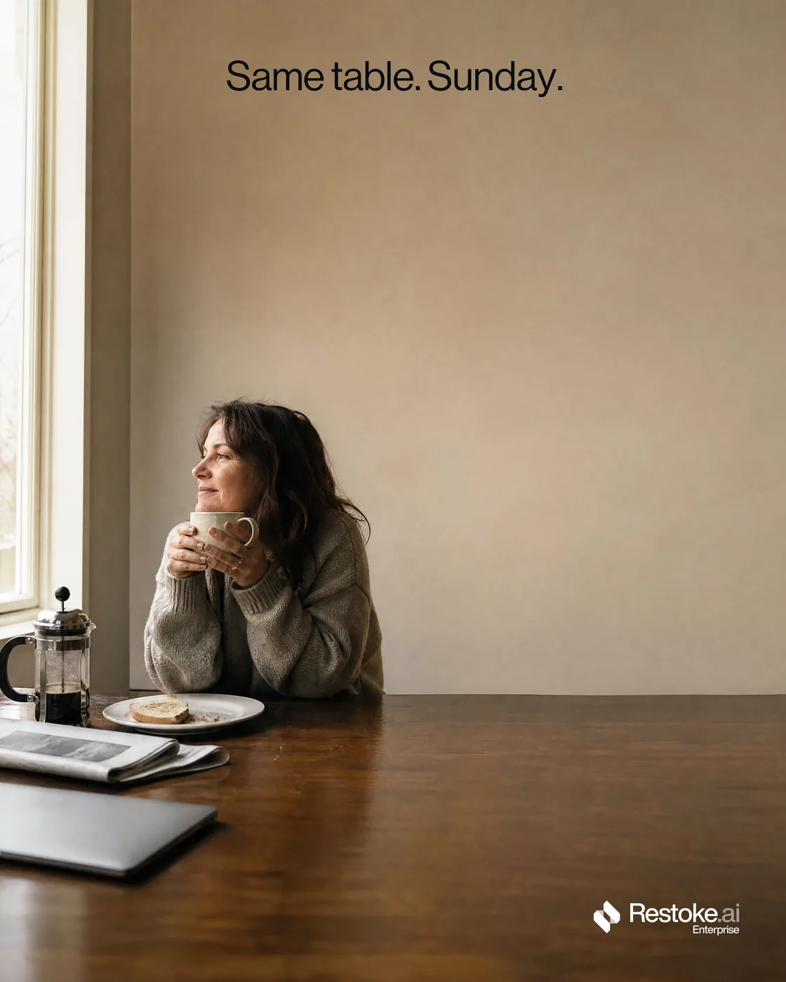 Restoke · Brief 01 — Spec ad — Same table. Sunday.