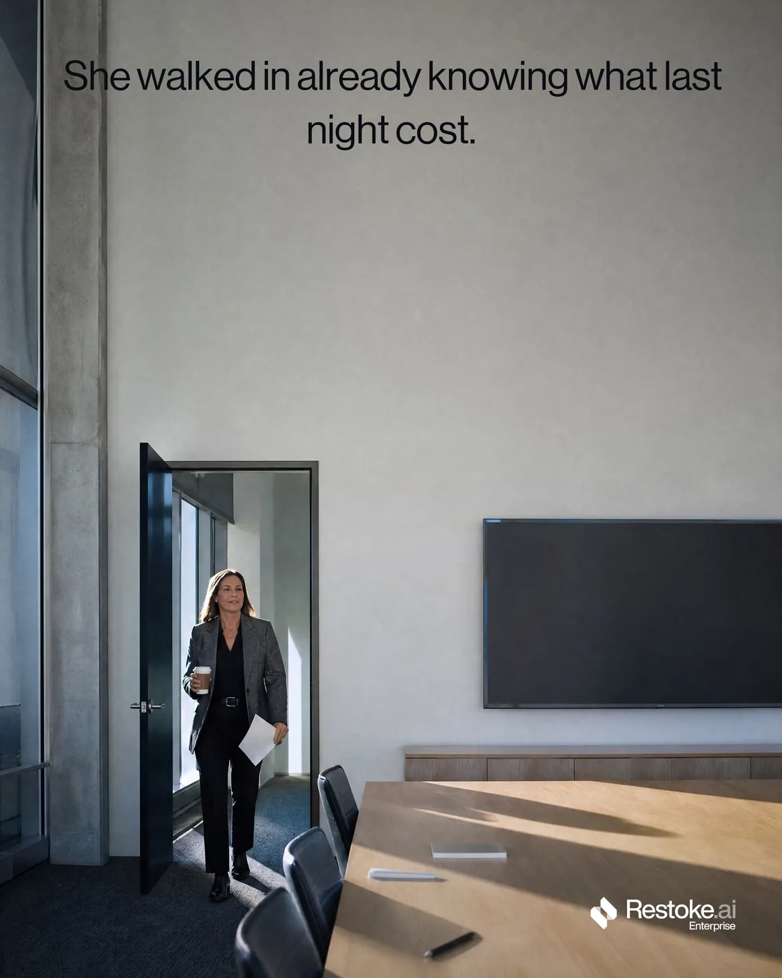 Restoke · Brief 01 — Spec ad — She walked in already knowing what last night cost.