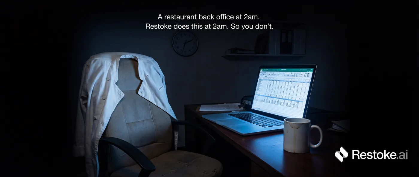 Restoke — Spec ad — a restaurant back office at 2am. Restoke does this at 2am, so you don't