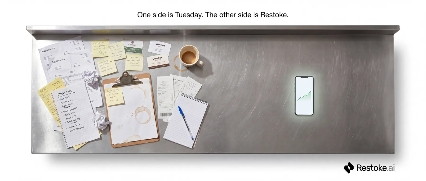 Restoke — Spec ad — the split bench: one side is Tuesday, the other side is Restoke