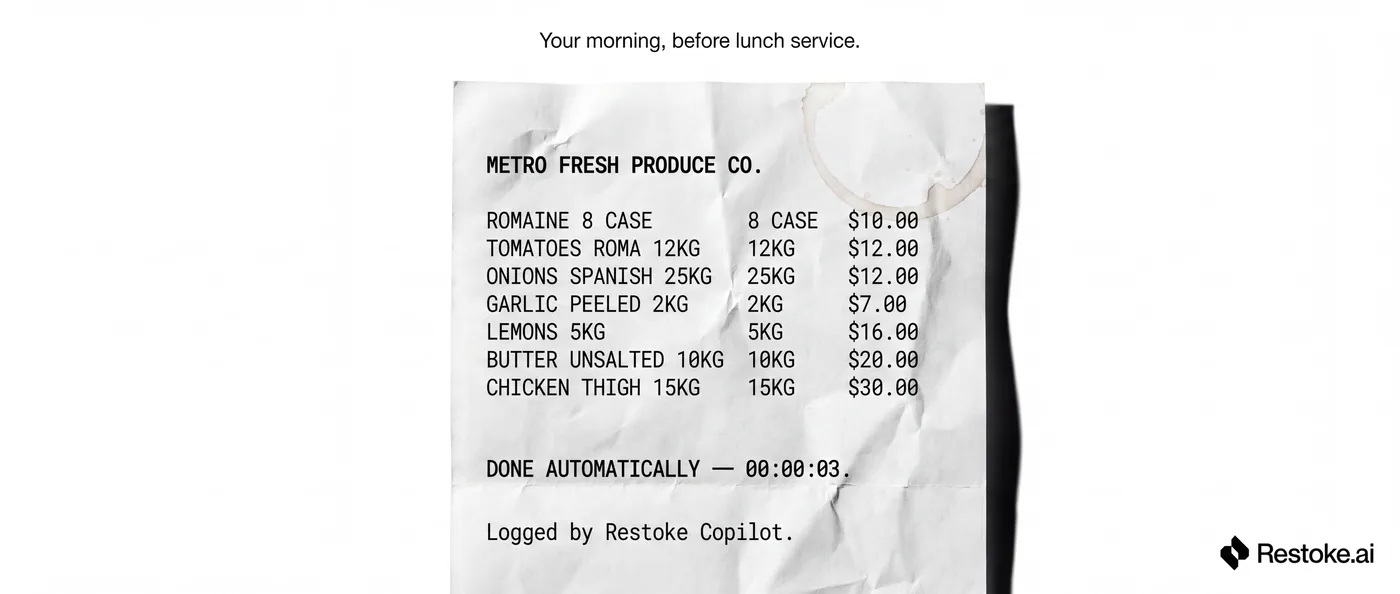 Restoke — Spec ad — the delivery docket, logged automatically in three seconds