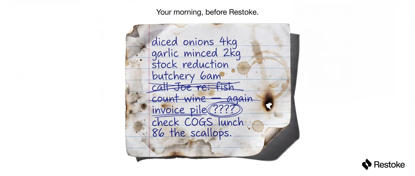 Restoke — Spec ad — the burnt prep list. Your morning, before Restoke