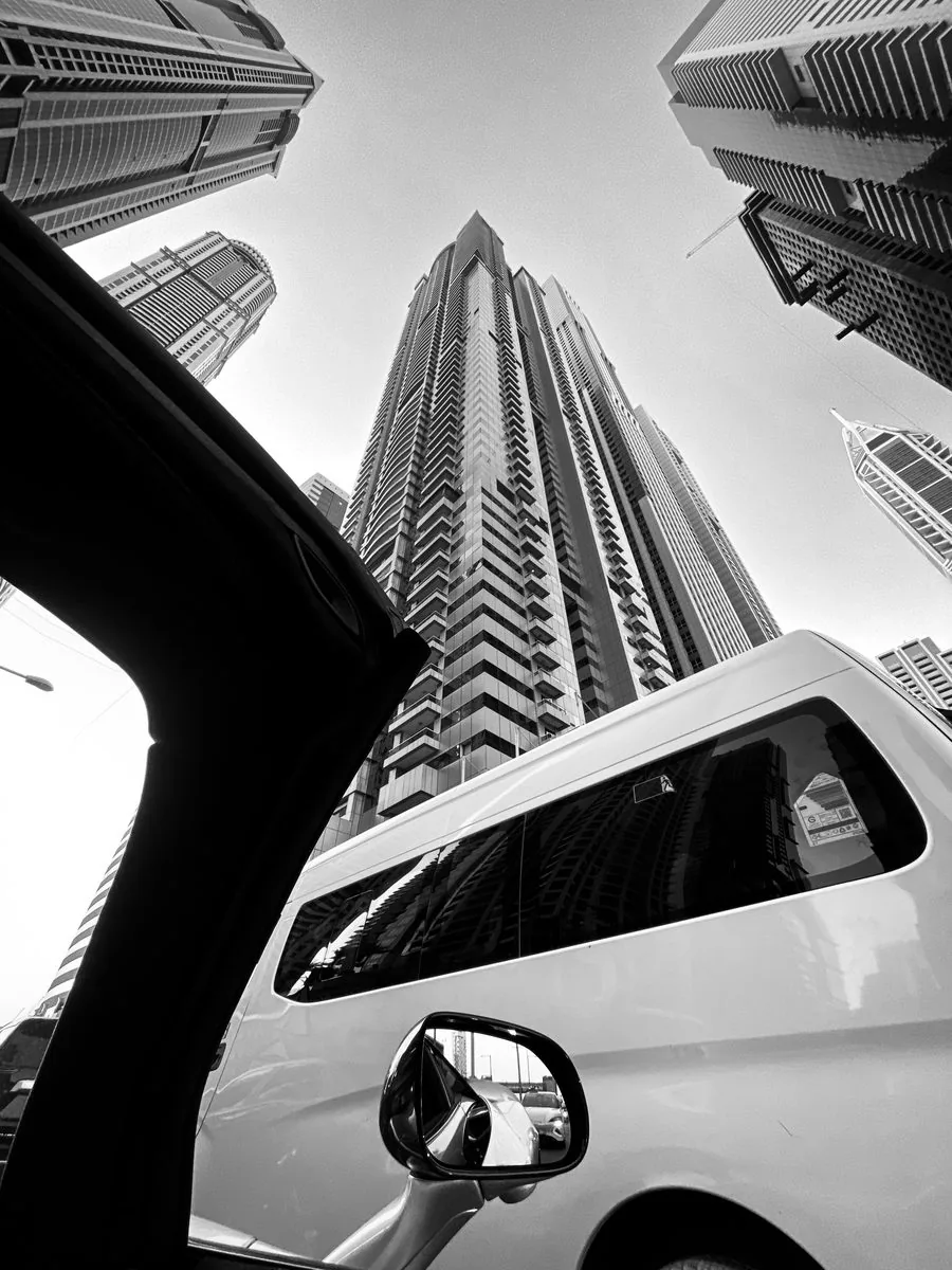 Dubai Marina towers from inside the car