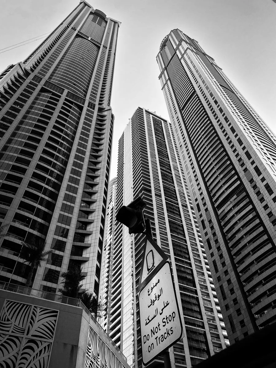 Skyscrapers and bilingual signage, Dubai