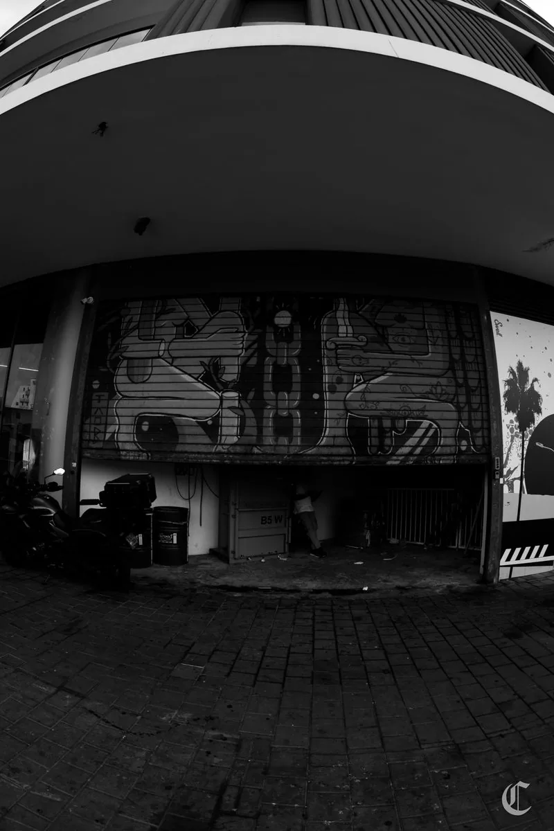 Painted roller shutter under a Bauhaus overhang