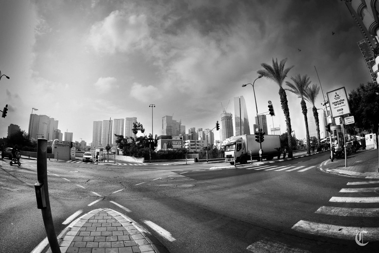 Tel Aviv skyline from a wide intersection