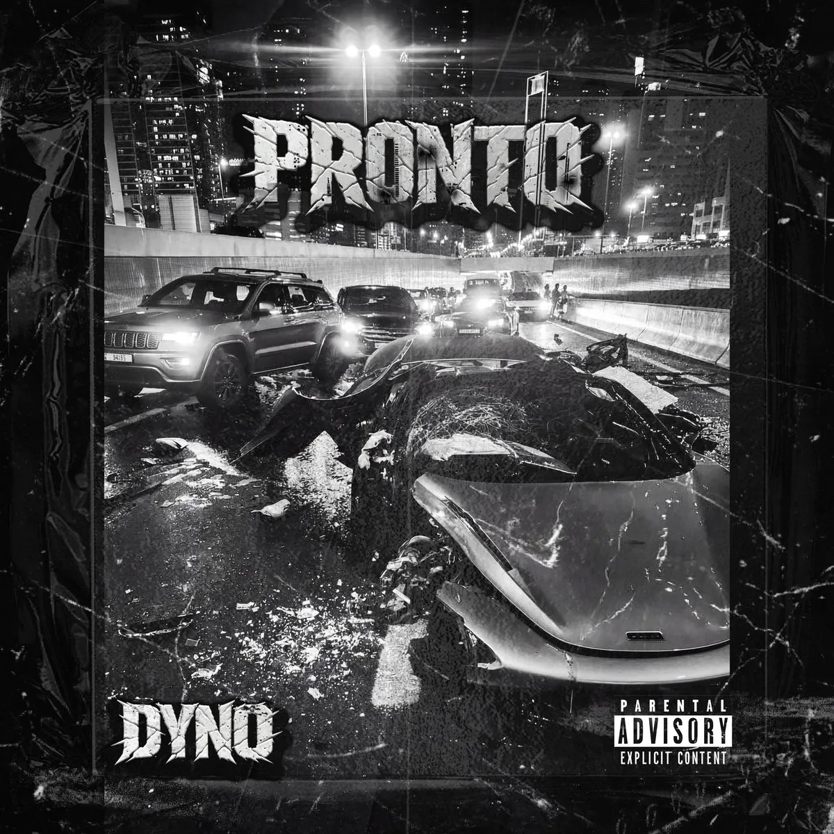 DYNO 'PRONTO' album cover, wrecked McLaren on a Dubai highway